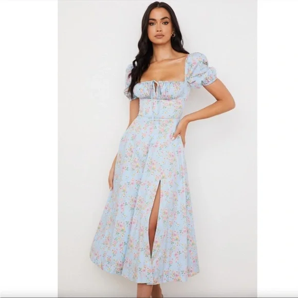 House of CB Tallulah Blue Vintage Floral Puff Sleeve Midi Dress - Picture 3 of 13